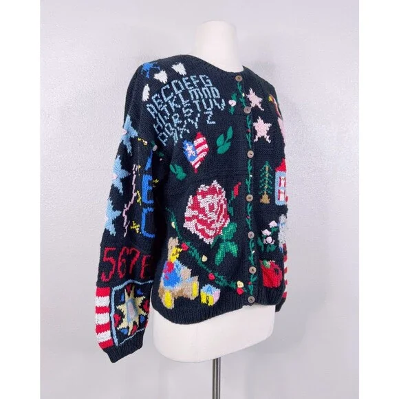 Vintage 90s Eagles Eye Hand Knit Cardigan Sweater Sz. Small School USA Flag Bear - Picture 6 of 6
